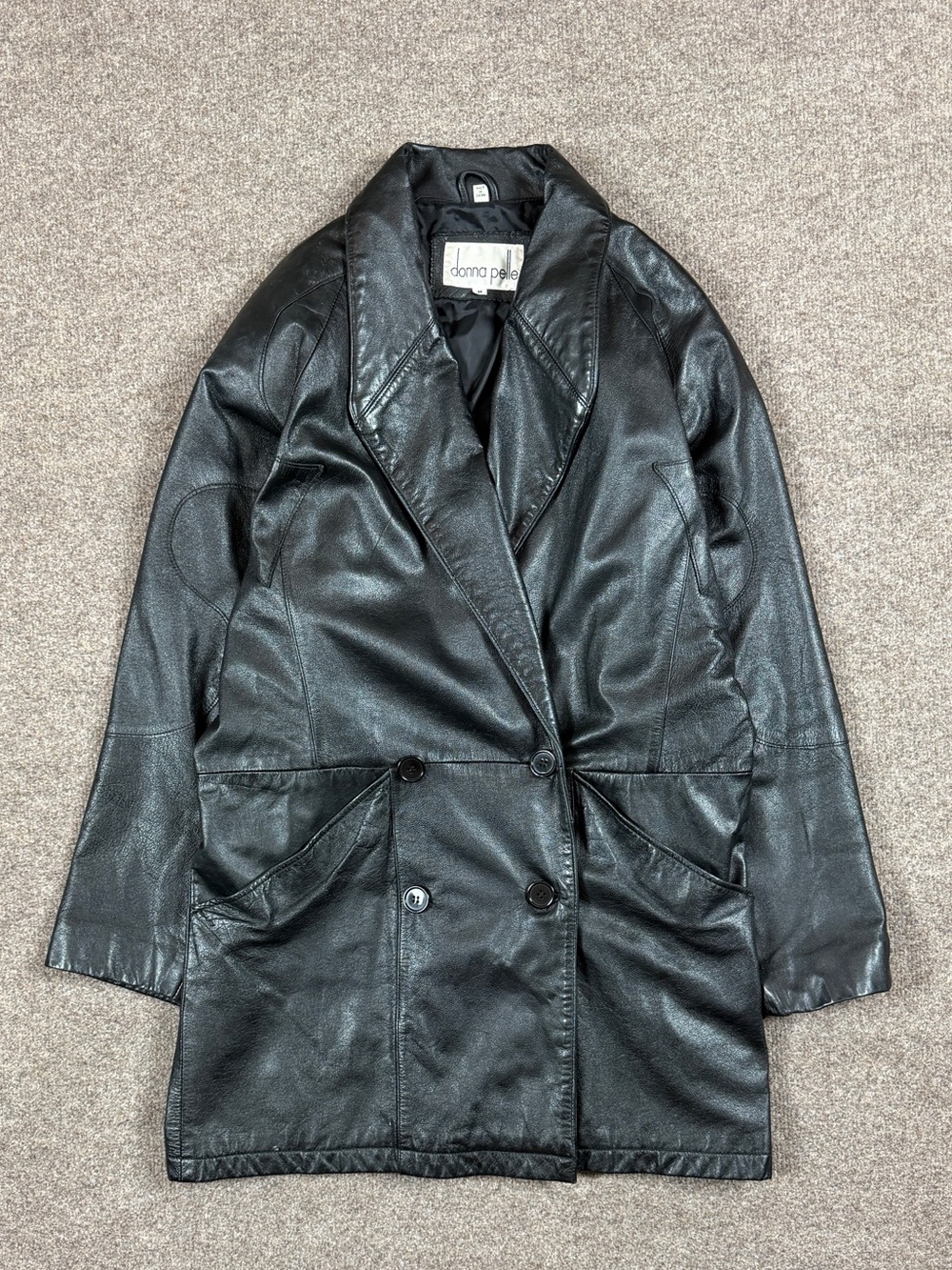 Vintage Black Leather Mid Length Double Breasted Pea Coat Womens M Drop Shoulder